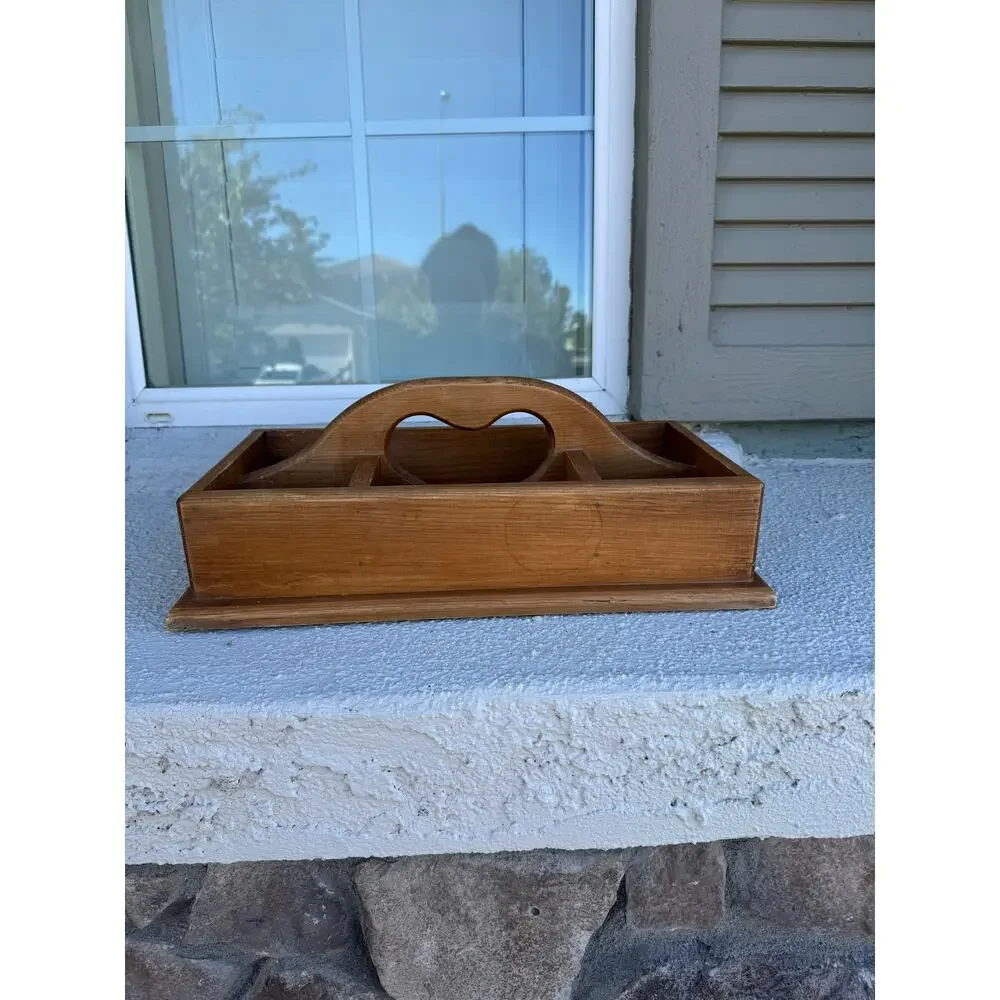 vintage country primitive wooden storage caddy with heart cutout handle 80s 90s